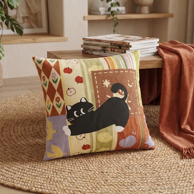 Ownkoti Whimsical Black Cat Patchwork Decorative Throw Pillow - image 1