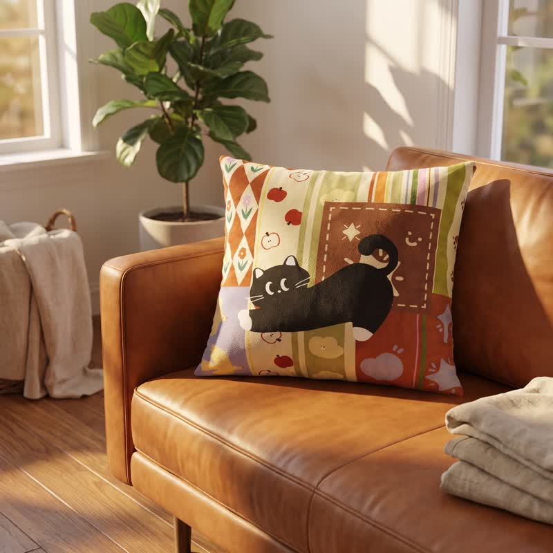 Ownkoti Whimsical Black Cat Patchwork Decorative Throw Pillow - image 2