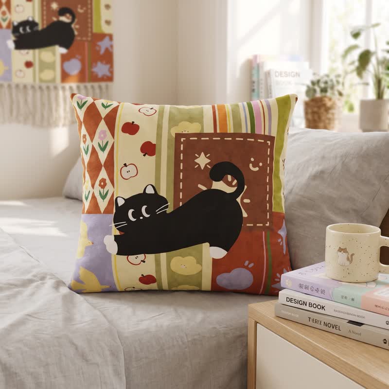Ownkoti Whimsical Black Cat Patchwork Decorative Throw Pillow - 20" × 20" - Cover + Insert - image 0