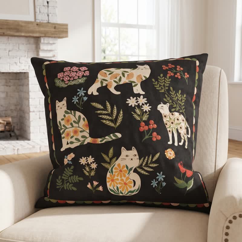 Ownkoti Midnight Cat Garden Velvet Throw Pillow  - Black - 20" × 20" - Cover + Insert - image 3