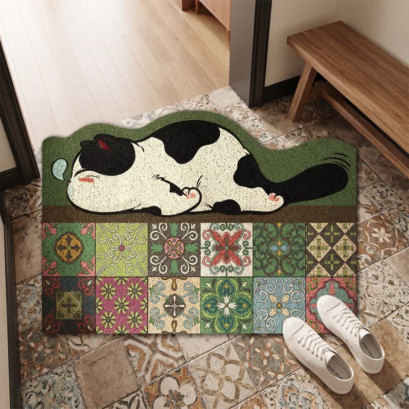 Ownkoti Sleeping Cat Scalloped Tile Entryway Rug - image 1