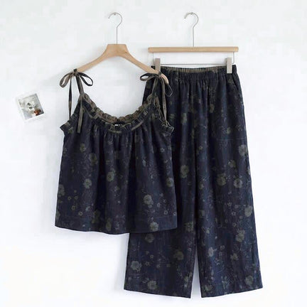 Ownkoti Vintage Floral Cami & Pants Pajama Set - Navy Blue & Gray - XL - image 0
