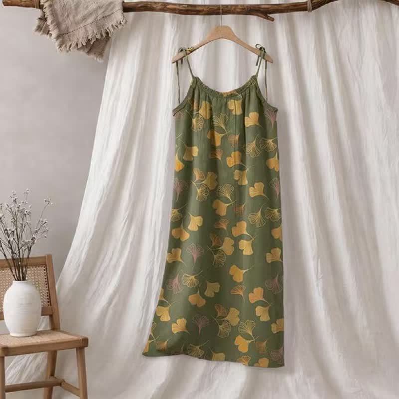 Ownkoti Ginkgo Leaf Tie Strap Lounge NightDress - Green & Yellow - XL - image 50