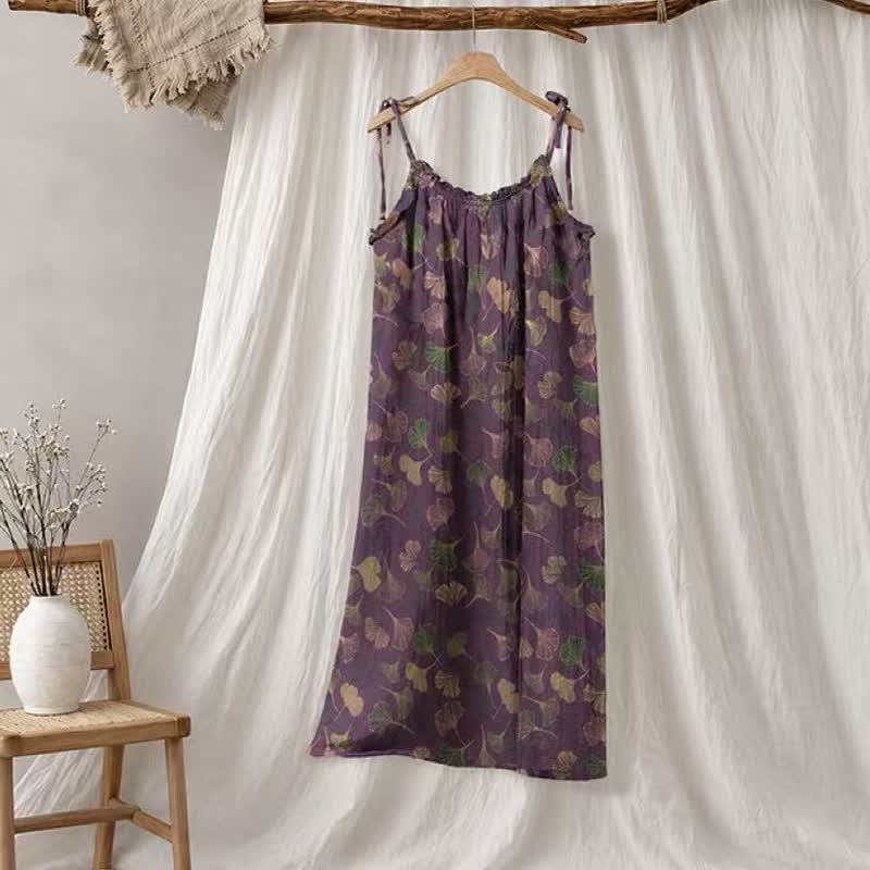 Ownkoti Ginkgo Leaf Tie Strap Lounge NightDress - Purple & Green - XL - image 70
