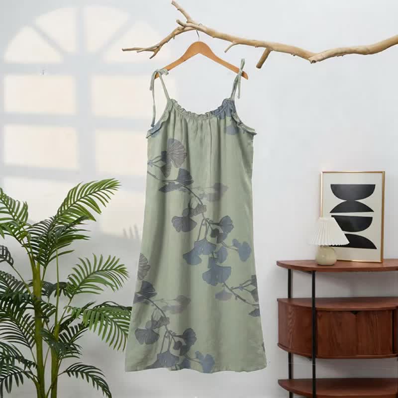 Ownkoti Ginkgo Leaf Tie Strap Cotton Lounge Midi Dress - image 6