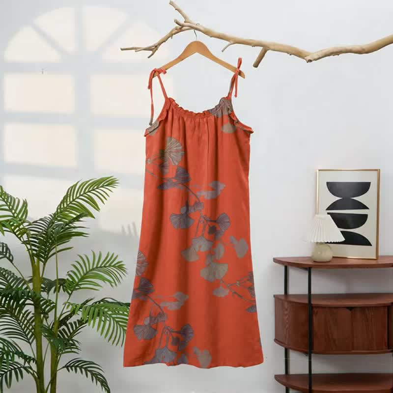 Ownkoti Ginkgo Leaf Tie Strap Cotton Lounge Midi Dress - image 11