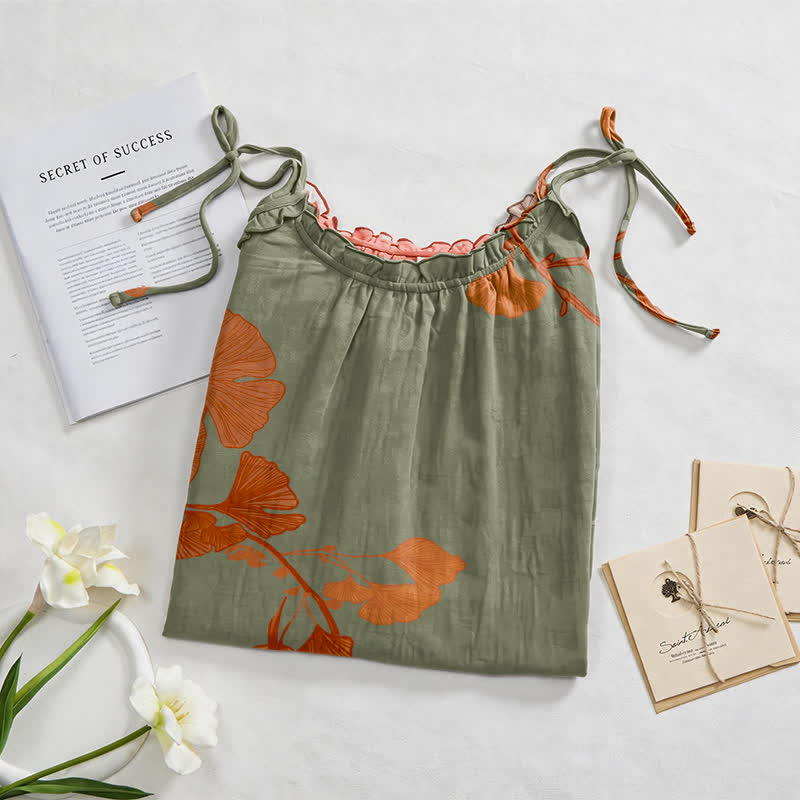 Ownkoti Ginkgo Leaf Tie Strap Cotton Lounge Midi Dress - image 17
