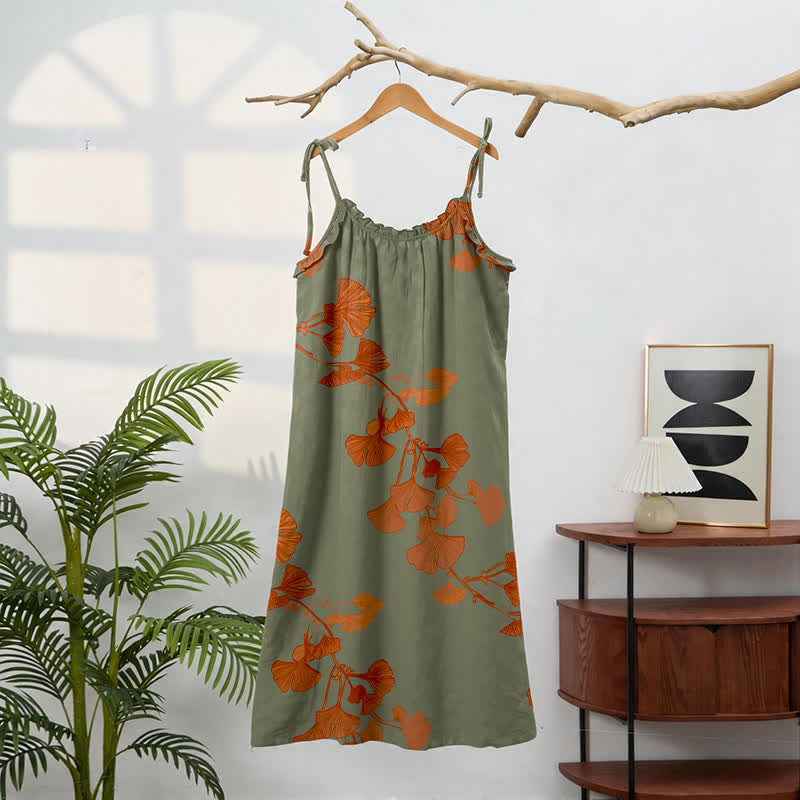 Ownkoti Ginkgo Leaf Tie Strap Cotton Lounge Midi Dress - image 16