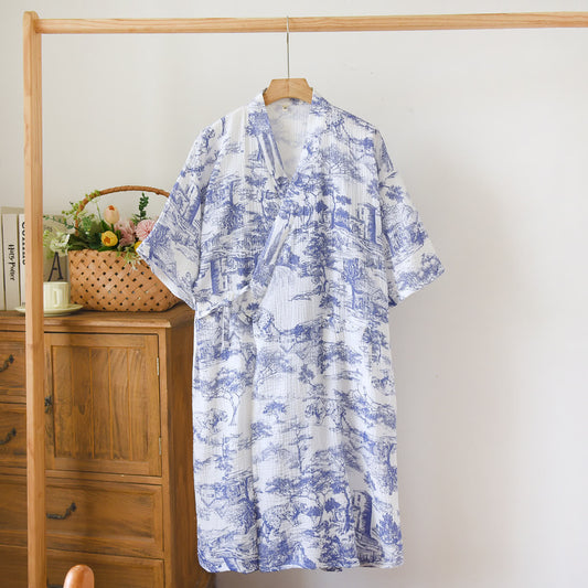 Ownkoti Scenic Double-layer Cotton Gauze Kimono Nightgown - Blue - L - image 0