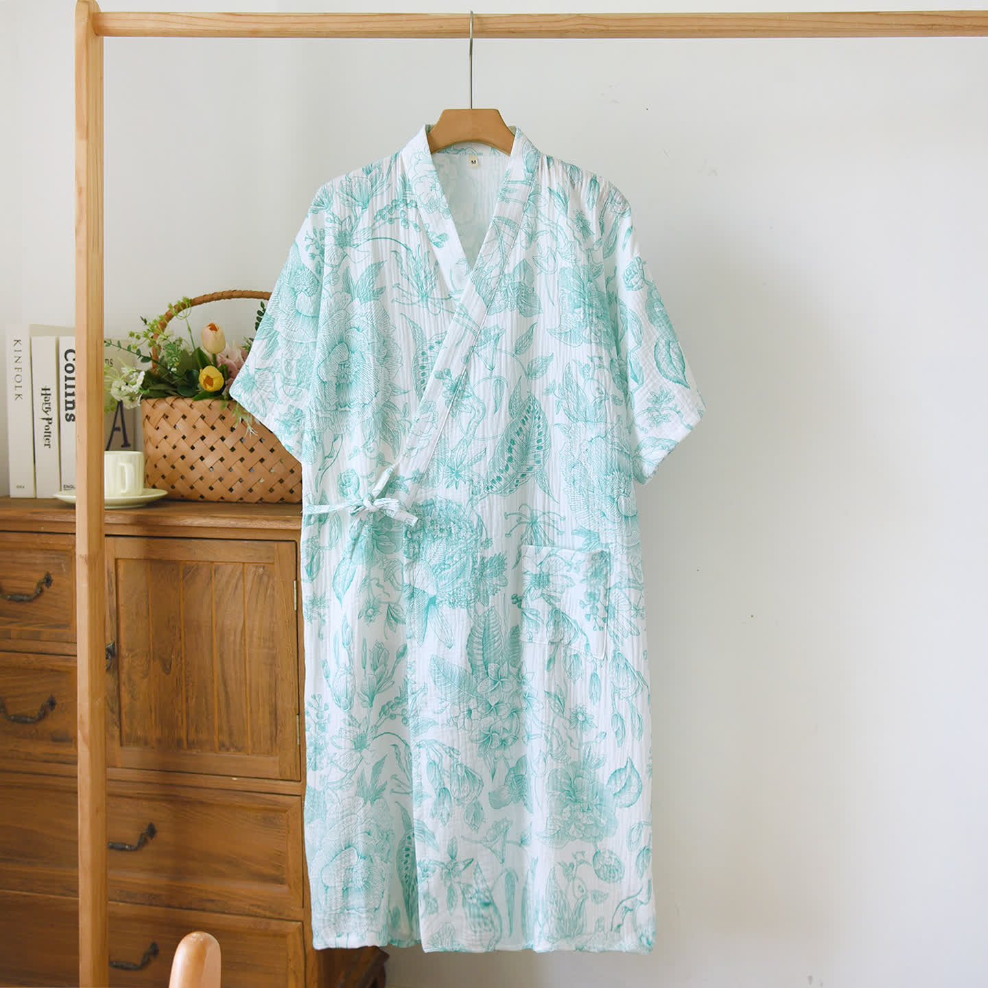 Ownkoti Peony Double-layer Cotton Gauze Kimono Nightdress - Green - L - image 0