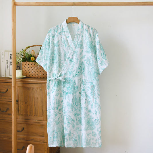 Ownkoti Peony Double-layer Cotton Gauze Kimono Nightdress - Green - L - image 0