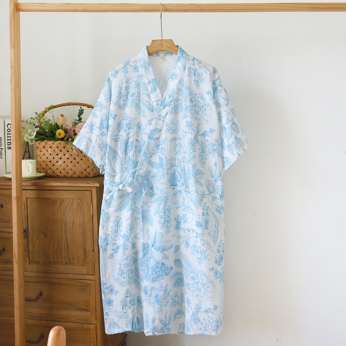 Ownkoti Peony Double-layer Cotton Gauze Kimono Nightdress - Blue - L - image 1