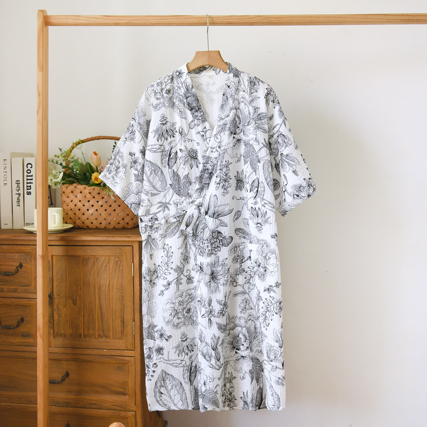 Ownkoti Peony Double-layer Cotton Gauze Kimono Nightdress - Black - L - image 2