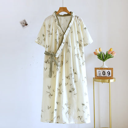 Ownkoti Bamboo Leaf Cotton Gauze Kimono Nightdress - Beige - L - image 0
