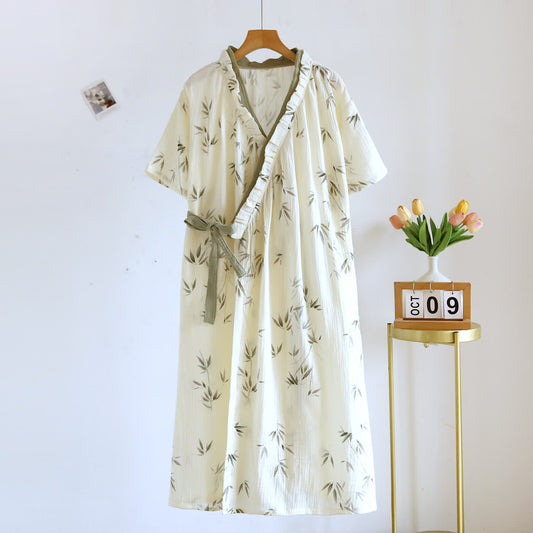 Ownkoti Bamboo Leaf Cotton Gauze Kimono Nightdress - Beige - L - image 0