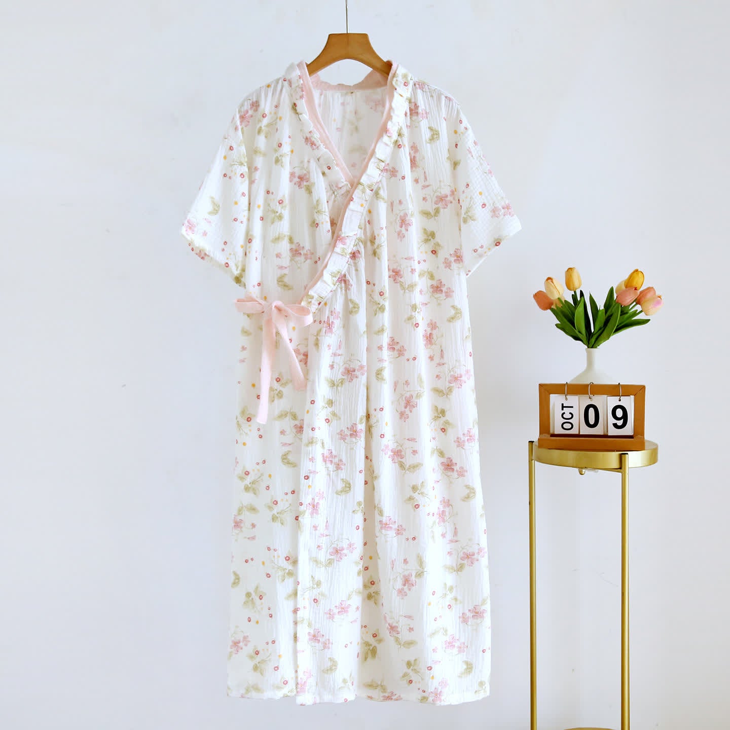 Ownkoti Floral Cotton Gauze Ruffle Kimono Nightgown - Pink - L - image 0
