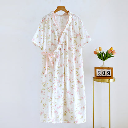 Ownkoti Floral Cotton Gauze Ruffle Kimono Nightgown - Pink - L - image 0