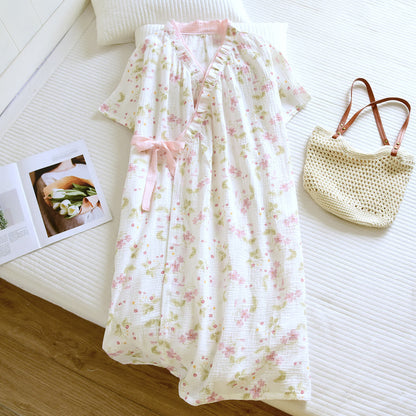 Ownkoti Floral Cotton Gauze Ruffle Kimono Nightgown - image 2