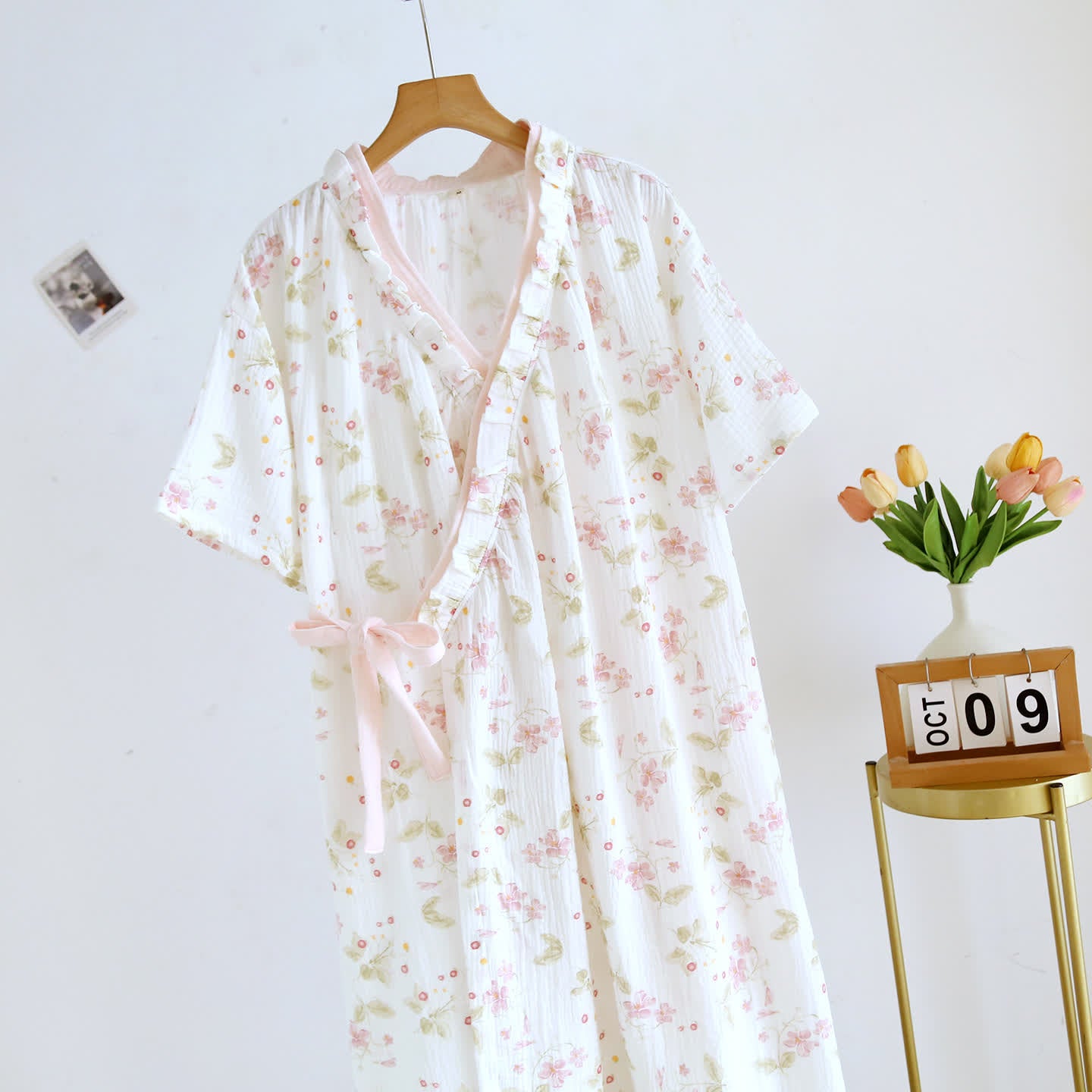 Ownkoti Floral Cotton Gauze Ruffle Kimono Nightgown - image 3