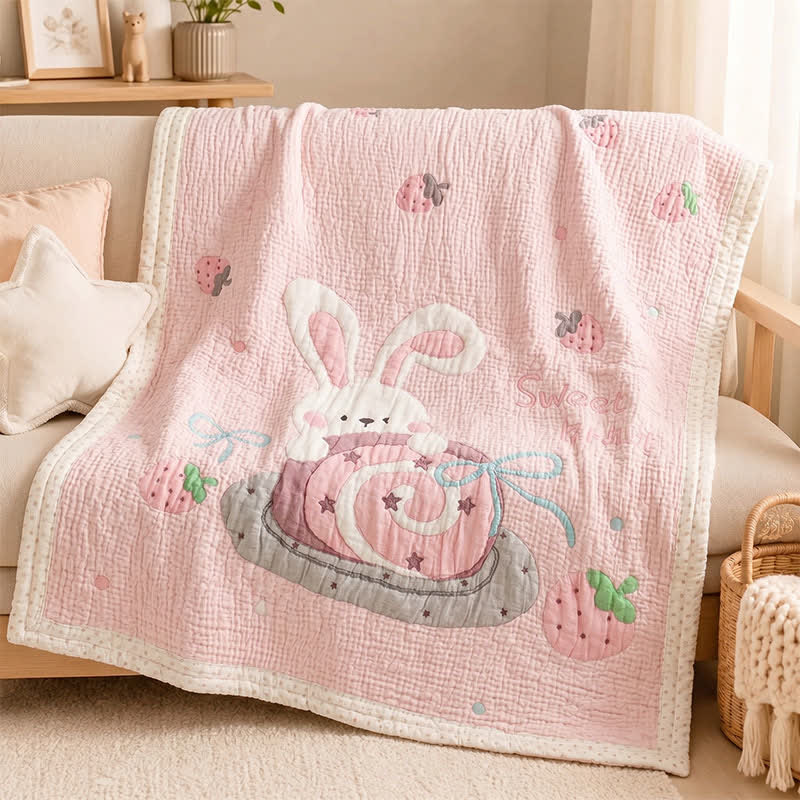 Ownkoti Pink Bunny Strawberry Lyocell Baby Quilt - image 1