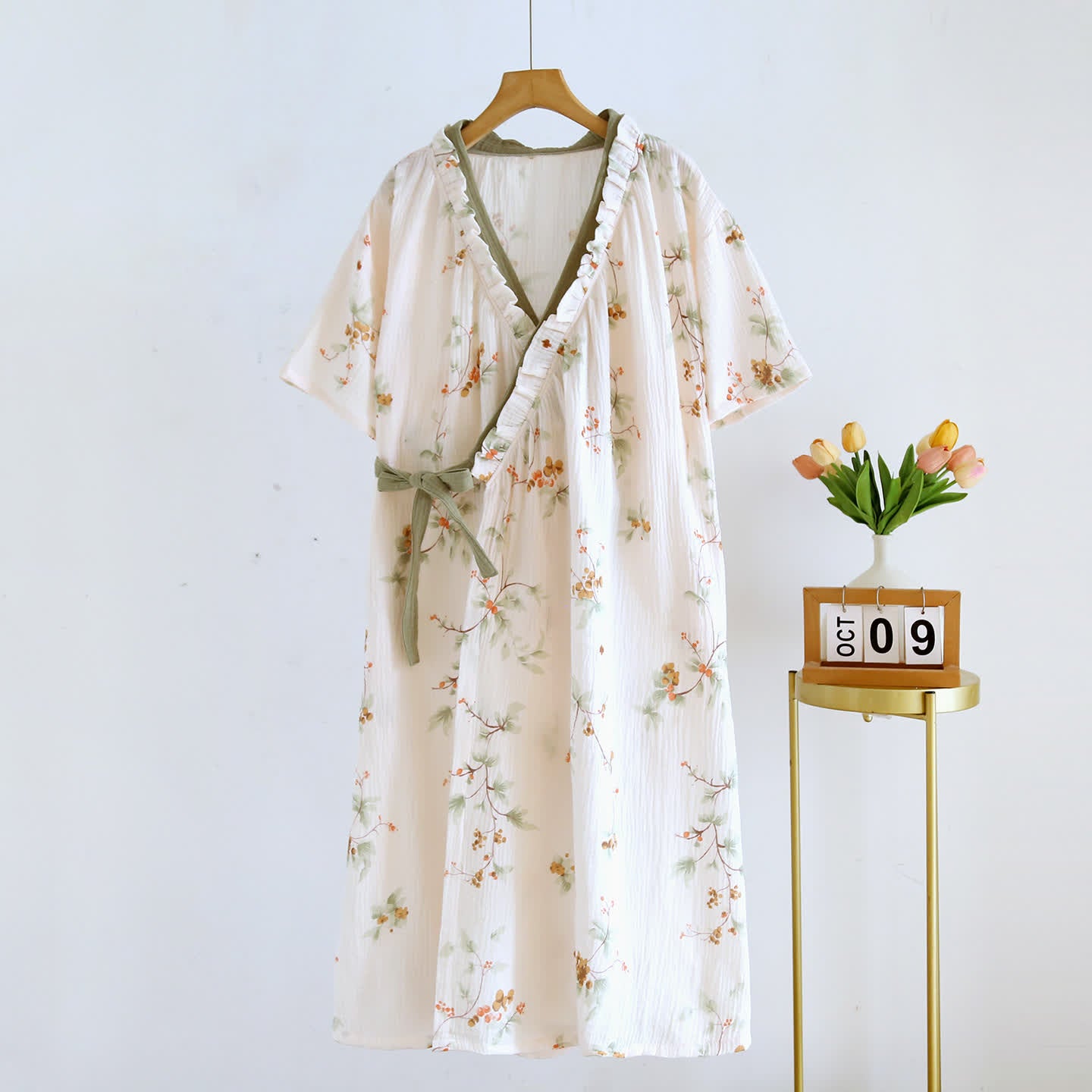 Ownkoti Rural Cotton Gauze Ruffle Kimono Nightgown - Beige - L  - image 0