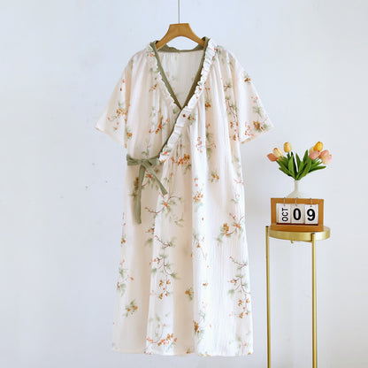 Ownkoti Rural Cotton Gauze Ruffle Kimono Nightgown - Beige - L  - image 0