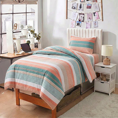 Ownkoti Coral Teal Stripe Twin XL Bedding Set - Twin XL - Green & Orange Multi Stripe - 3-Piece Duvet Set - image 0