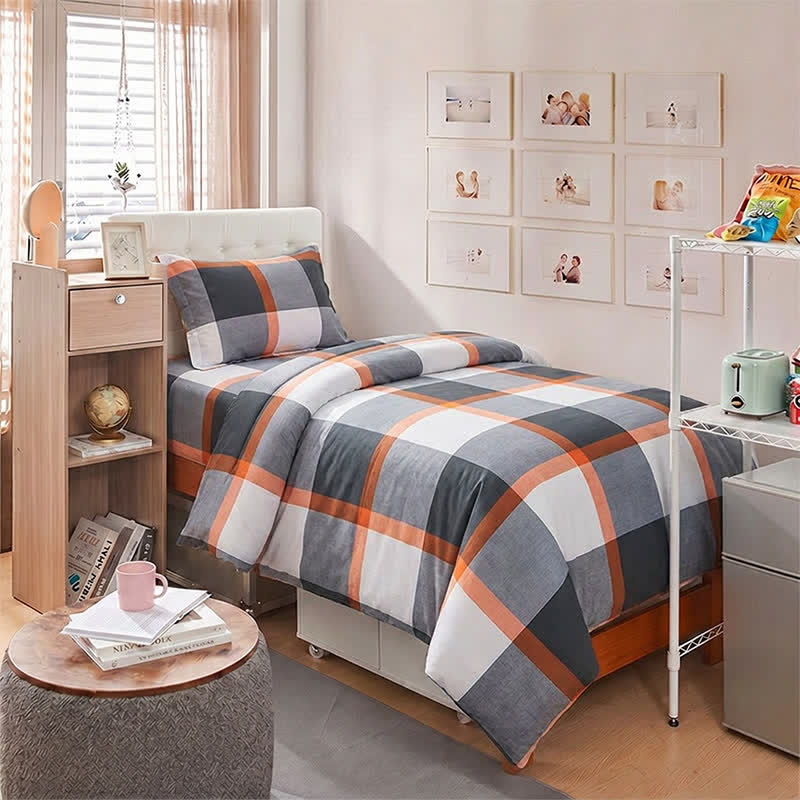 Ownkoti Modern Grey Plaid Twin XL Bedding Set - Twin XL - Gray & Orange Plaid - 3-Piece Duvet Set - image 0