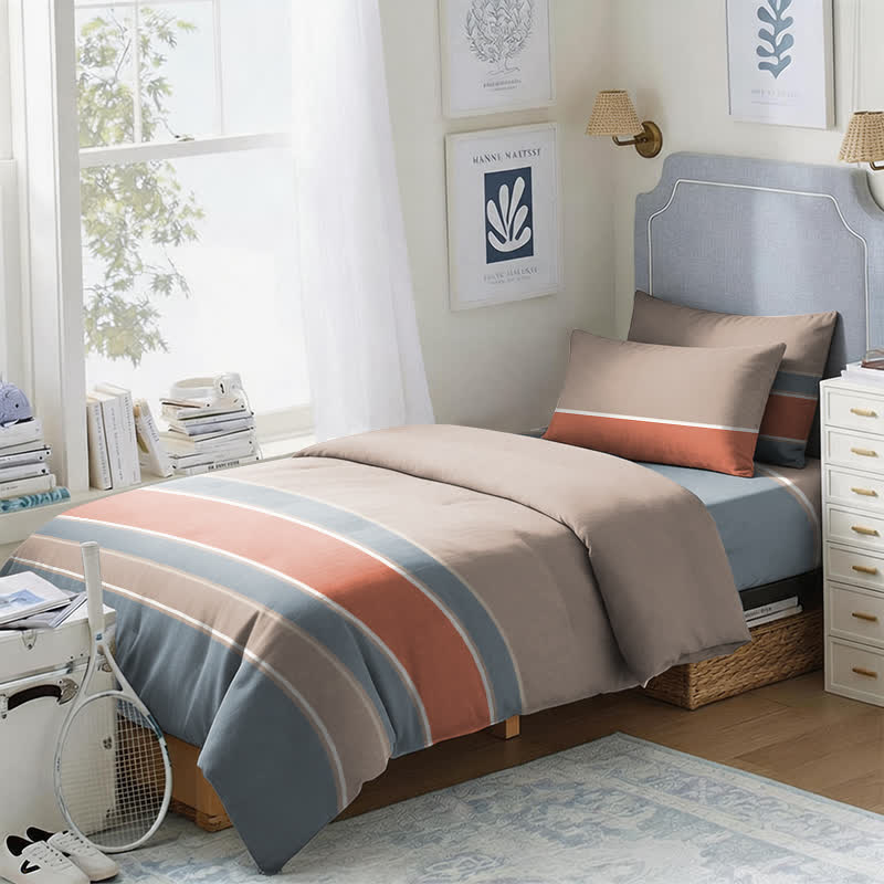 Ownkoti Earth Tone Striped Twin XL Bedding Set - Twin XL - Coral & Blue Stripe - 3-Piece Duvet Set - image 0