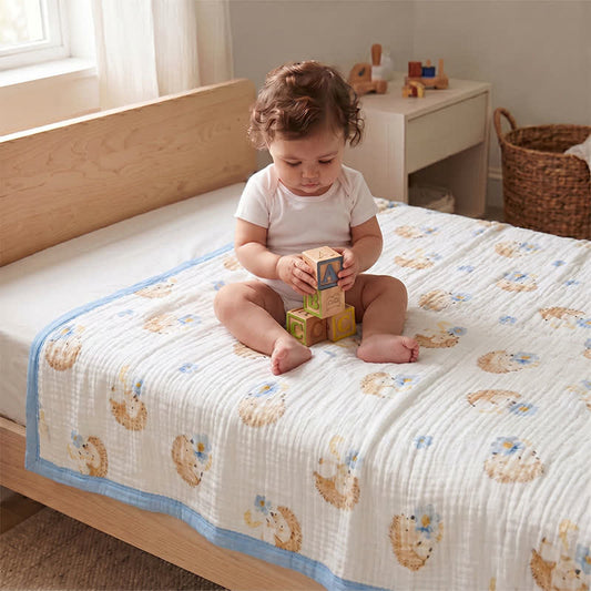 Ownkoti Little Hedgehog Cotton Gauze Blanket - White & Blue - Queen - image 0