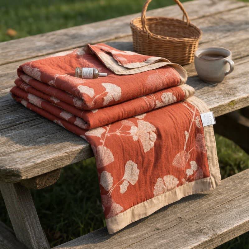 Ownkoti Red Ginkgo Leaf Pattern Cotton Blanket - Terracotta Red - 90" x 92" - image 0