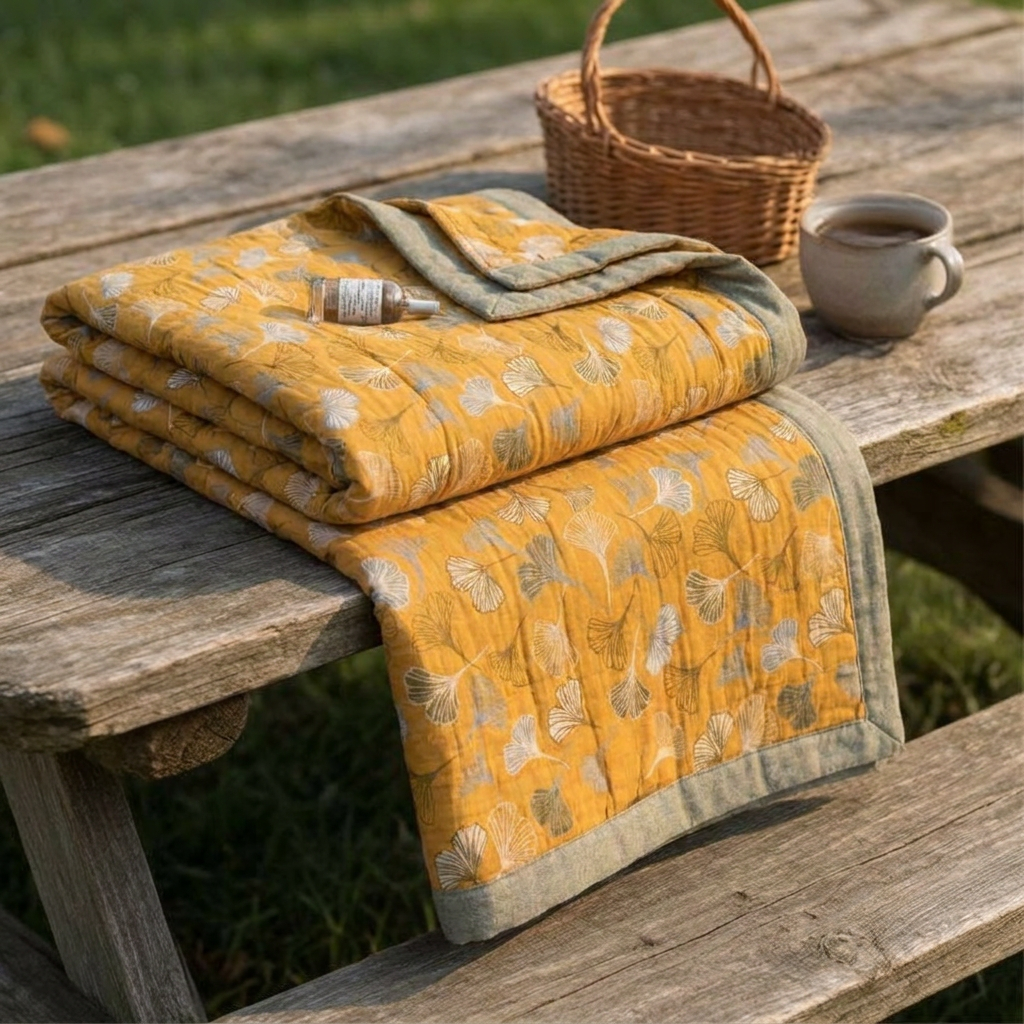 Ownkoti Golden Ginkgo Reversible Cotton Blanket - Orange - 90" x 92" - image 0