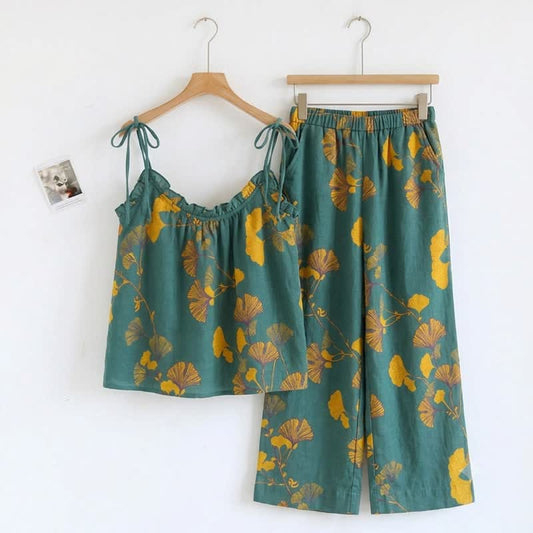 Ownkoti Botanical Leaf Cami & Pants Loungewear Set - Green & Orange - XL - image 0