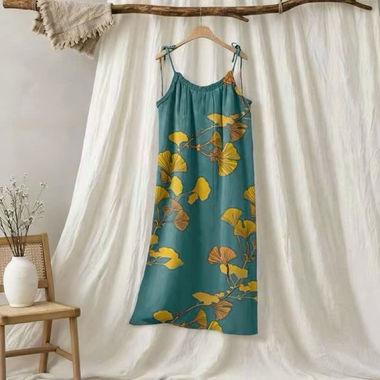 Ownkoti Ginkgo Leaf Tie Strap Maxi NightDress - Green & Orange - L - image 0