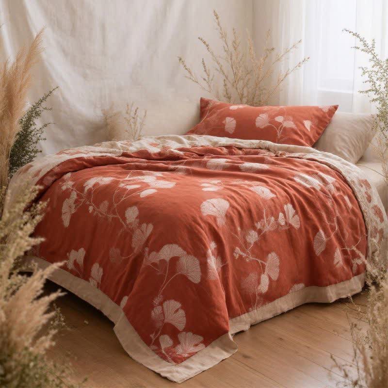Ownkoti Red Ginkgo Leaf Pattern Cotton Blanket - image 1