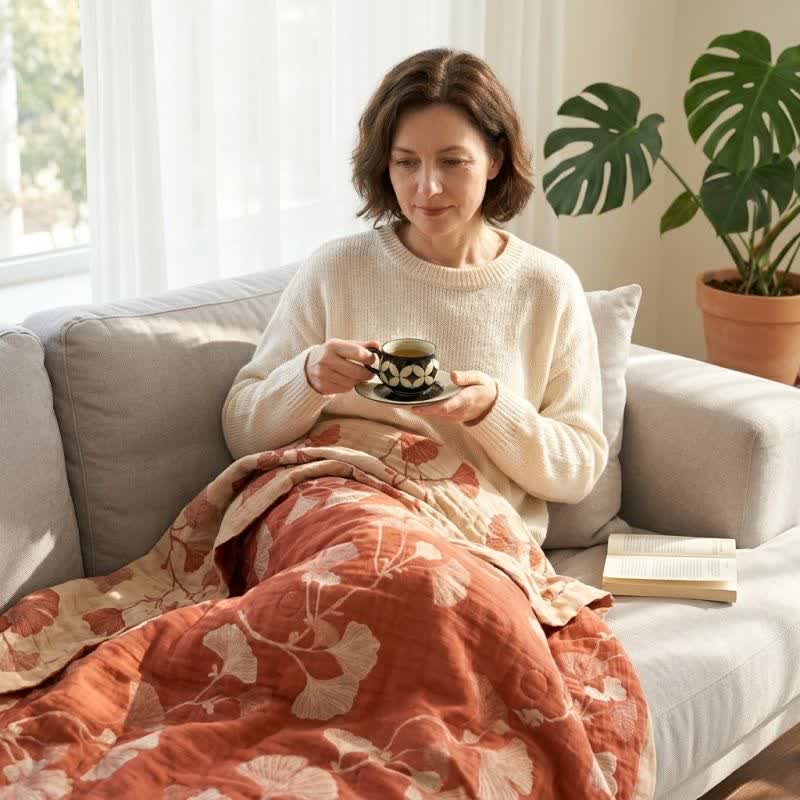 Ownkoti Red Ginkgo Leaf Pattern Cotton Blanket - image 3