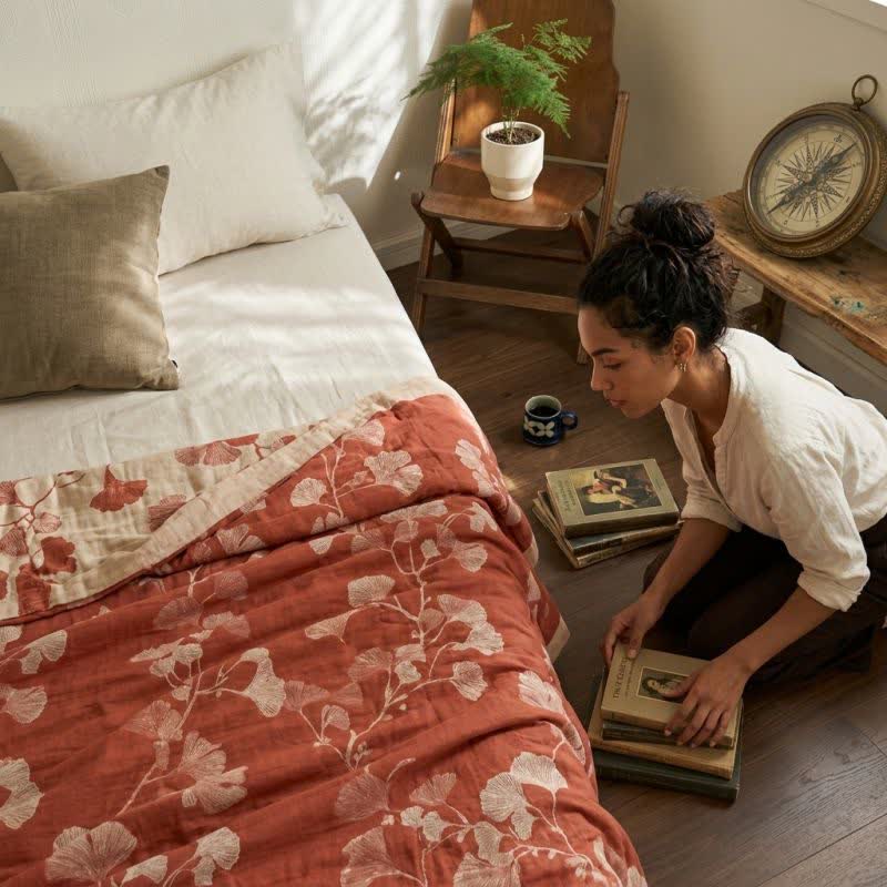 Ownkoti Red Ginkgo Leaf Pattern Cotton Blanket - image 4