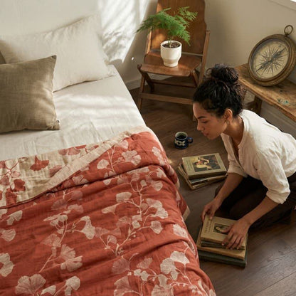 Ownkoti Red Ginkgo Leaf Pattern Cotton Blanket - image 4