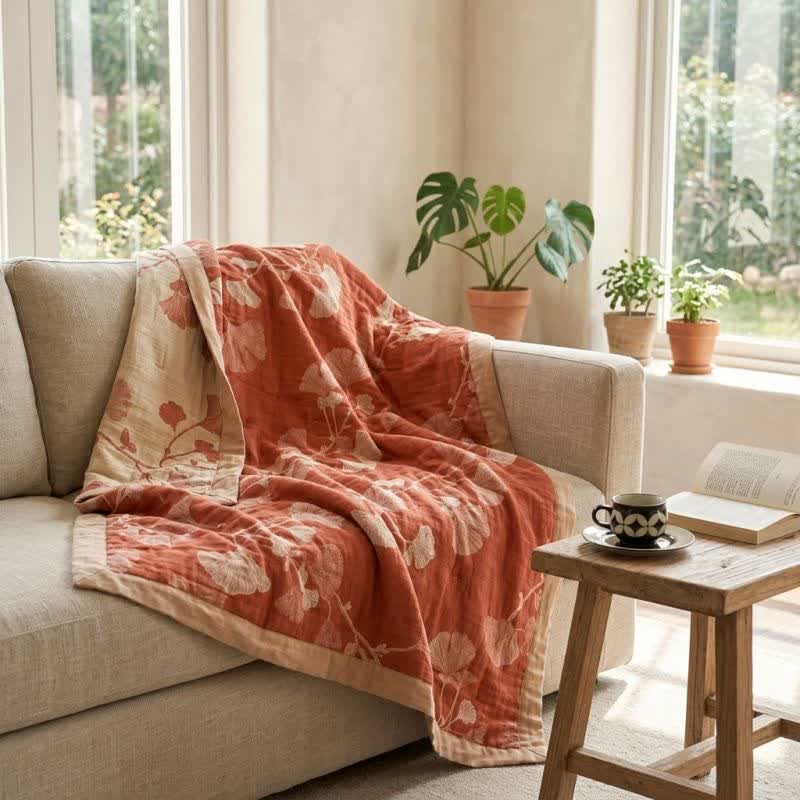 Ownkoti Red Ginkgo Leaf Pattern Cotton Blanket - image 2