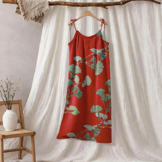 Ownkoti Ginkgo Leaf Tie Strap Maxi Lounge Dress - Red & Green - XL - image 0
