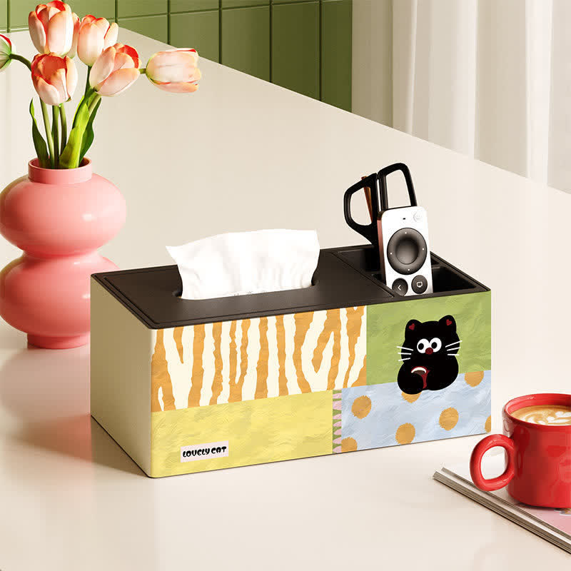 Ownkoti Playful Cat Patchwork Wooden Tissue Box Organizer - Multicolor - 11" L × 6" W × 5" H - With Remote Holder - image 2