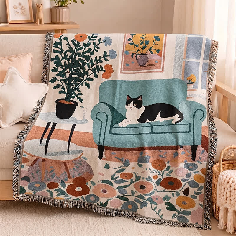 Ownkoti Boho Cat Woven Fringe Throw Blanket - Multicolor - 51" L × 71" W - image 0