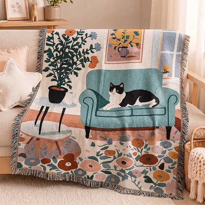 Ownkoti Boho Cat Woven Fringe Throw Blanket - Multicolor - 51" L × 71" W - image 0