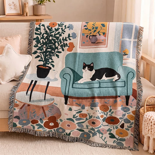 Ownkoti Boho Cat Woven Fringe Throw Blanket - Multicolor - 51" L × 71" W - image 0