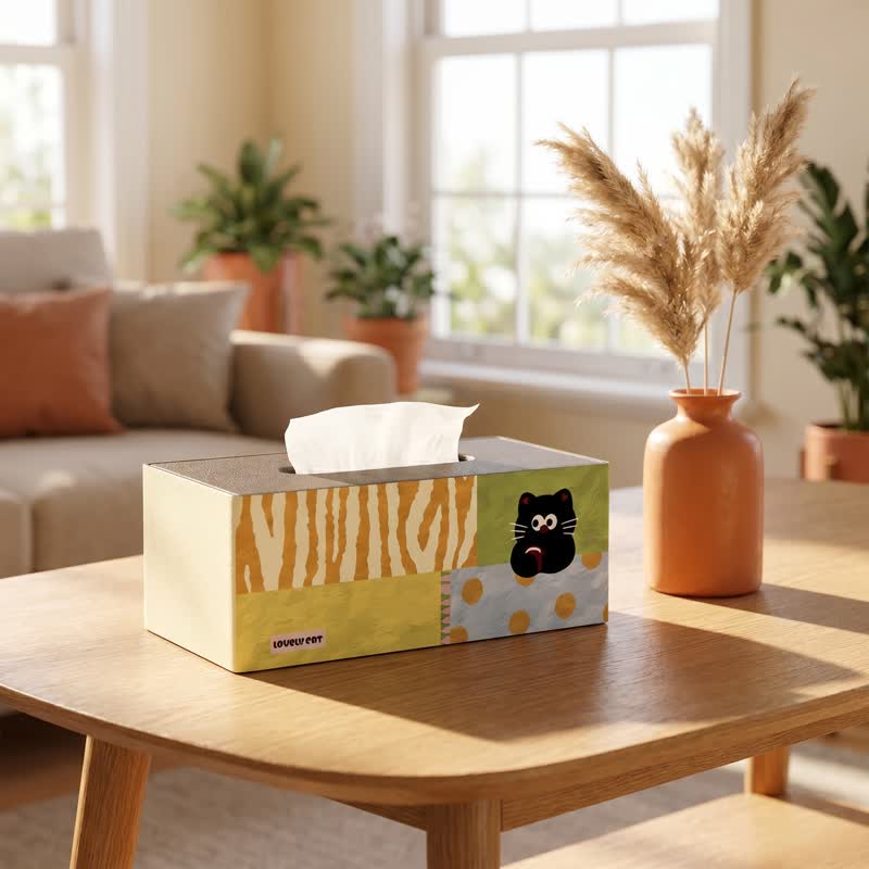 Ownkoti Playful Cat Patchwork Wooden Tissue Box Organizer - image 1