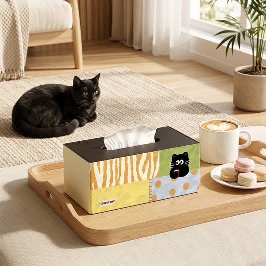 Ownkoti Playful Cat Patchwork Wooden Tissue Box Organizer - Multicolor - 11" L × 6" W × 5" H - Classic - image 0