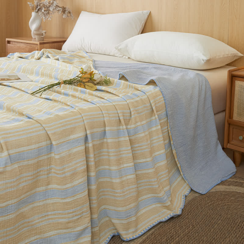 Ownkoti Soft Stripe Reversible Cotton Bedspread - Blue-Yellow Stripe - 79" × 91" - image 0