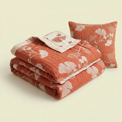 Ownkoti Red Ginkgo Leaf Pattern Cotton Blanket - Terracotta Red - 90" x 92" - image 0