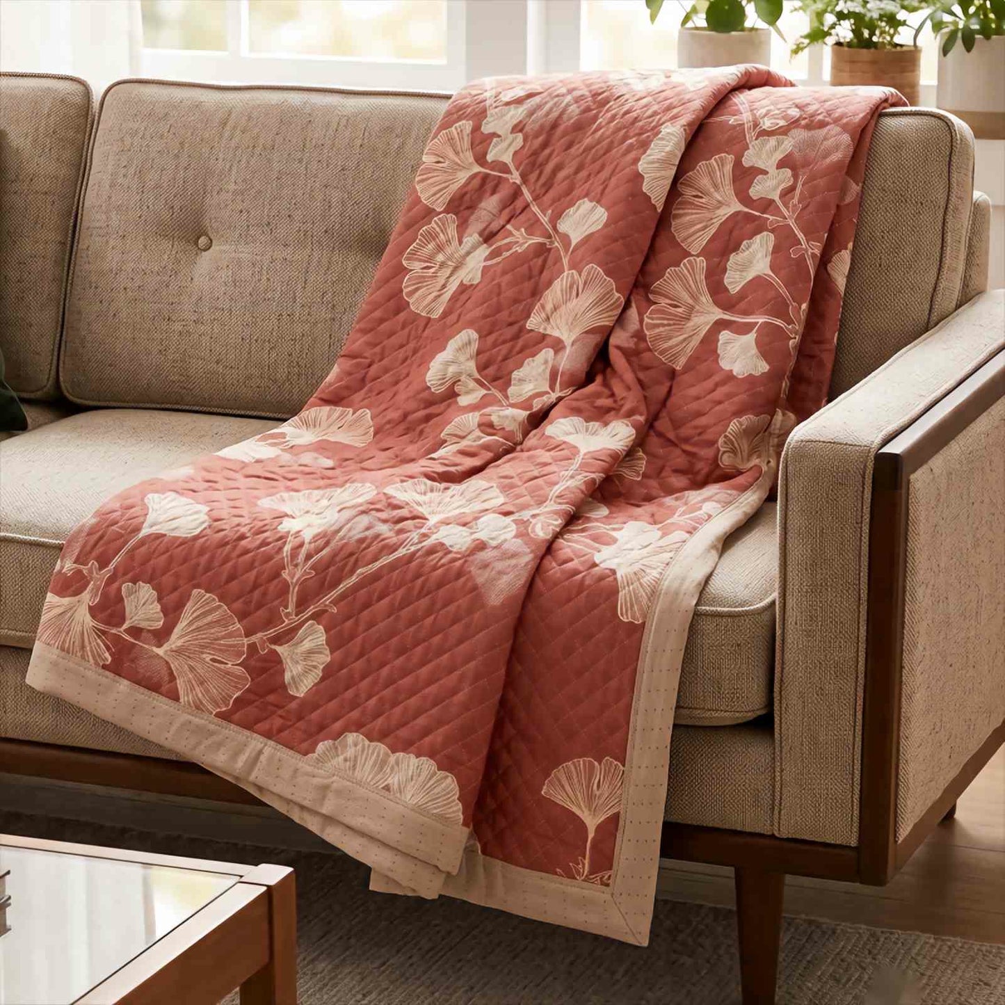 Ownkoti Red Ginkgo Leaf Pattern Cotton Blanket - image 7