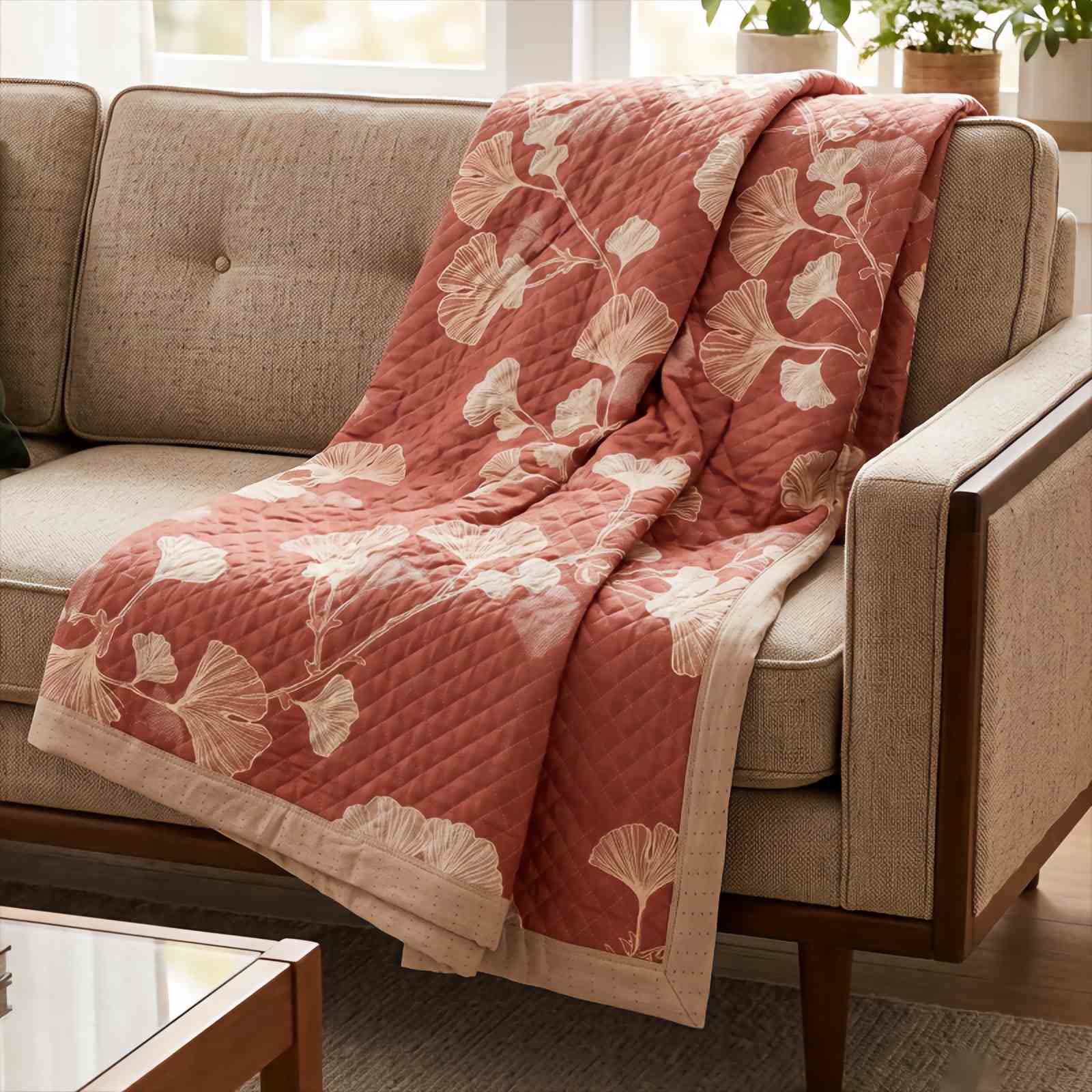 Ownkoti Red Ginkgo Leaf Pattern Cotton Blanket - image 7